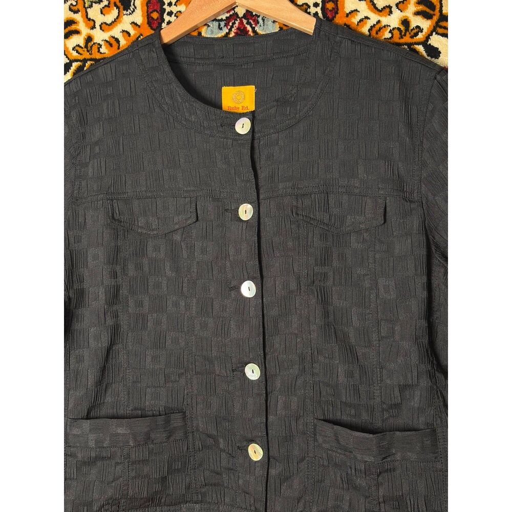 Vintage Black Textured Jacquard Round Neck Cropped Blazer Jacket sz 12 Ruby Rd - Picture 4 of 14